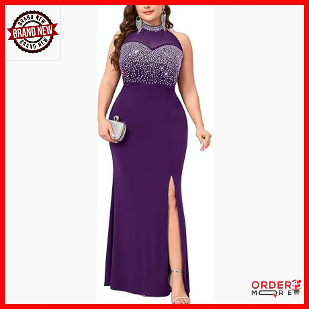 Plus Size Evening Gown Rhinestone Bodice Halter Neck Maxi Dress High Slit